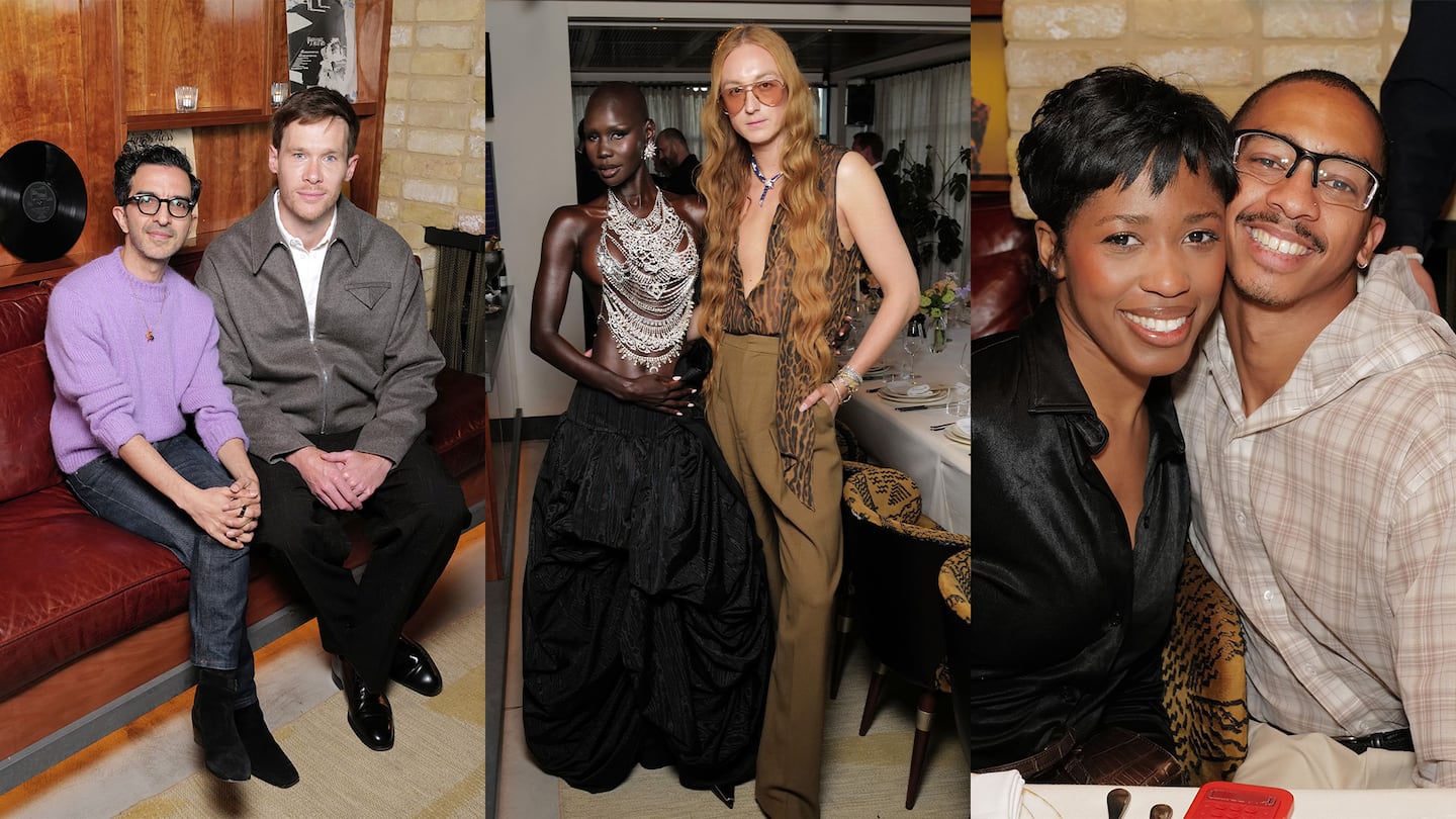 Imran Amed, founder and editor-in-chief at The Business of Fashion, with Renaud Salmon, chief creative officer at Amouage; model Adot Gak with designer Harris Reed; and designers Bianca Saunders and Saul Nash.