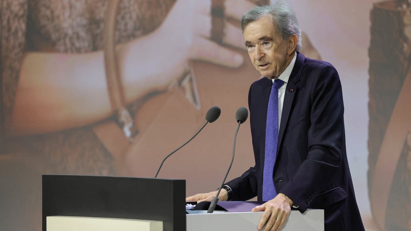 Bernard Arnault delivers a speech during LVMH's annual general meeting in Paris.