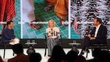 (L-R) Imran Amed, Founder, CEO & Editor-in-Chief, The Business of Fashion, Tory Burch, Executive Chairman and Chief Creative Officer Tory Burch and Pierre-Yves Roussel, Chief Executive Tory Burch onstage during day two of CROSSROADS 2025 in Dubai.