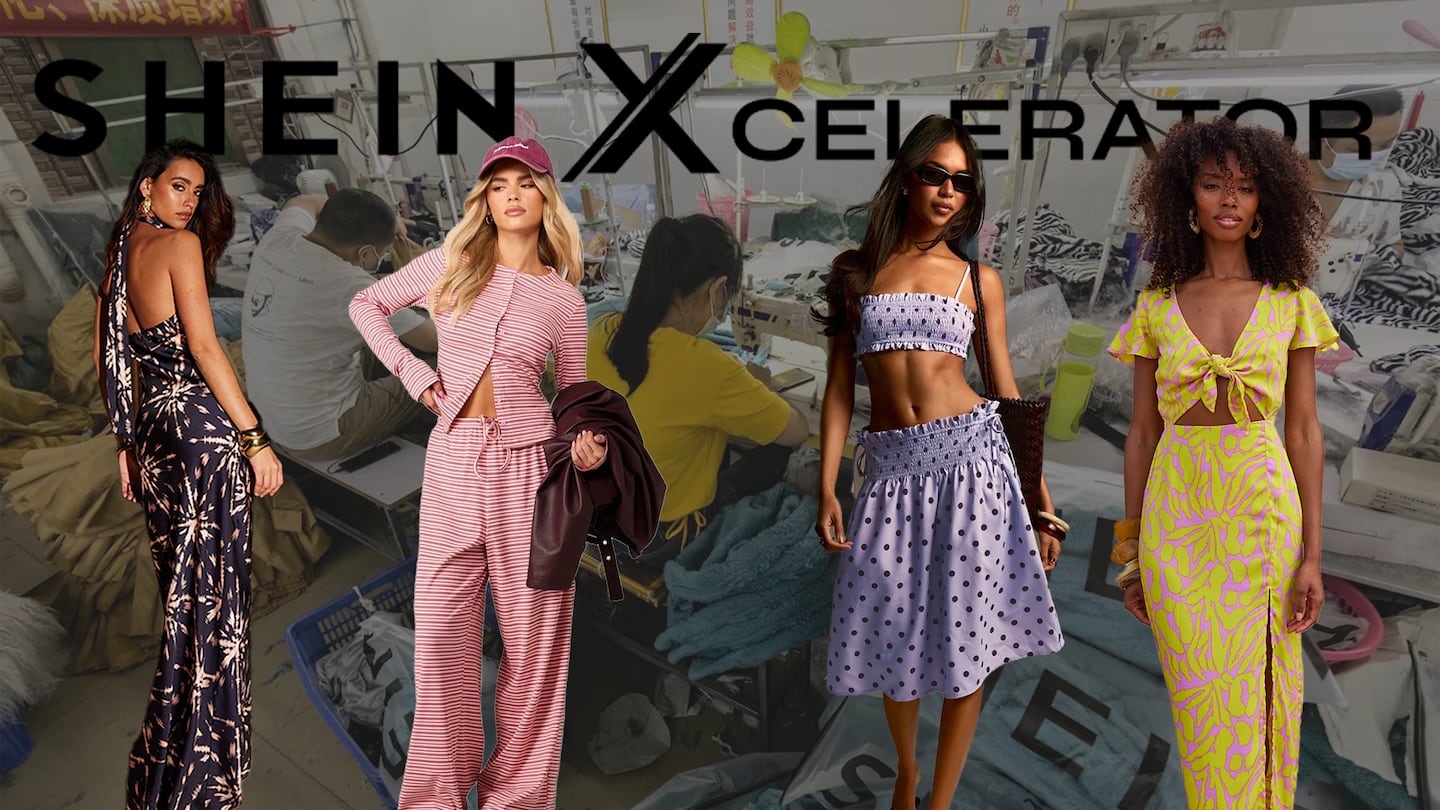 Models against factory background.