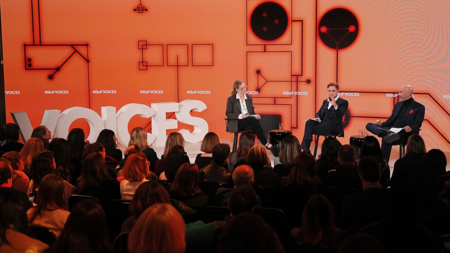 From left: BoF's commercial features director Sophie Soar, Pixel Moda’s president Gianni Serazzi and Etro’s chief executive Fabrizio Cardinali on stage at BoF VOICES 2025.